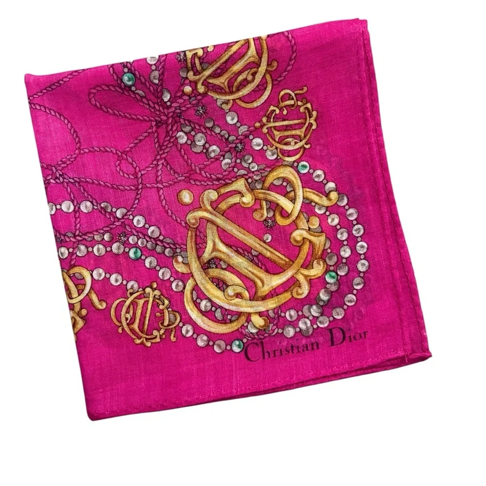 VTG Christian Dior Pink Gold Monogram Logo Pearl Pocket Square Twilly Bag Scarf